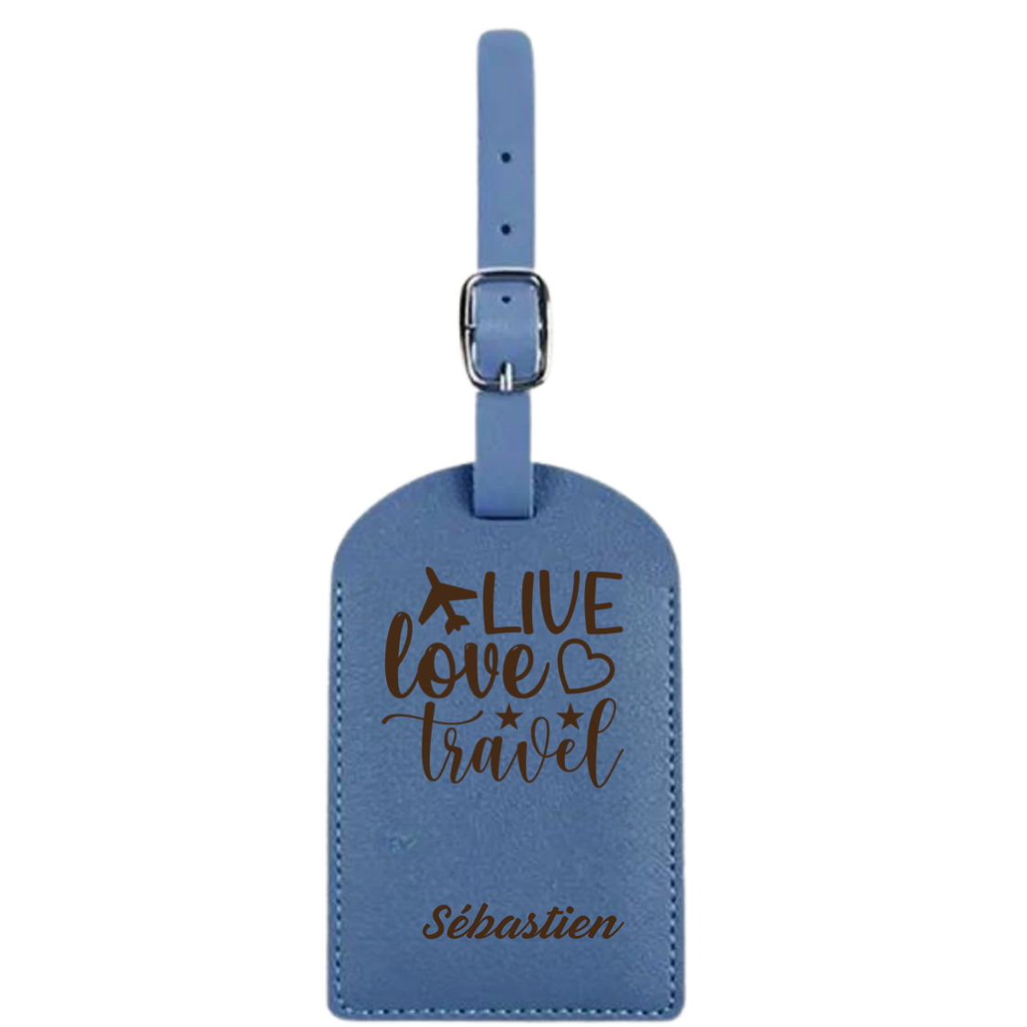 Etiqueta de maleta azul cielo personalizable grabada en nuestro taller